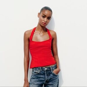 Zara Red Fitted Halter Top